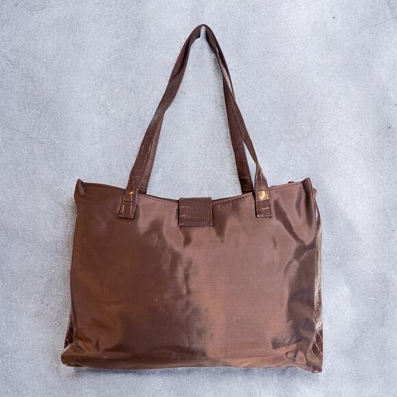 Vintage Y2K Diane von Furstenberg Brown Nylon Faux Croc Trim Tote Bag - Picture 2 of 12